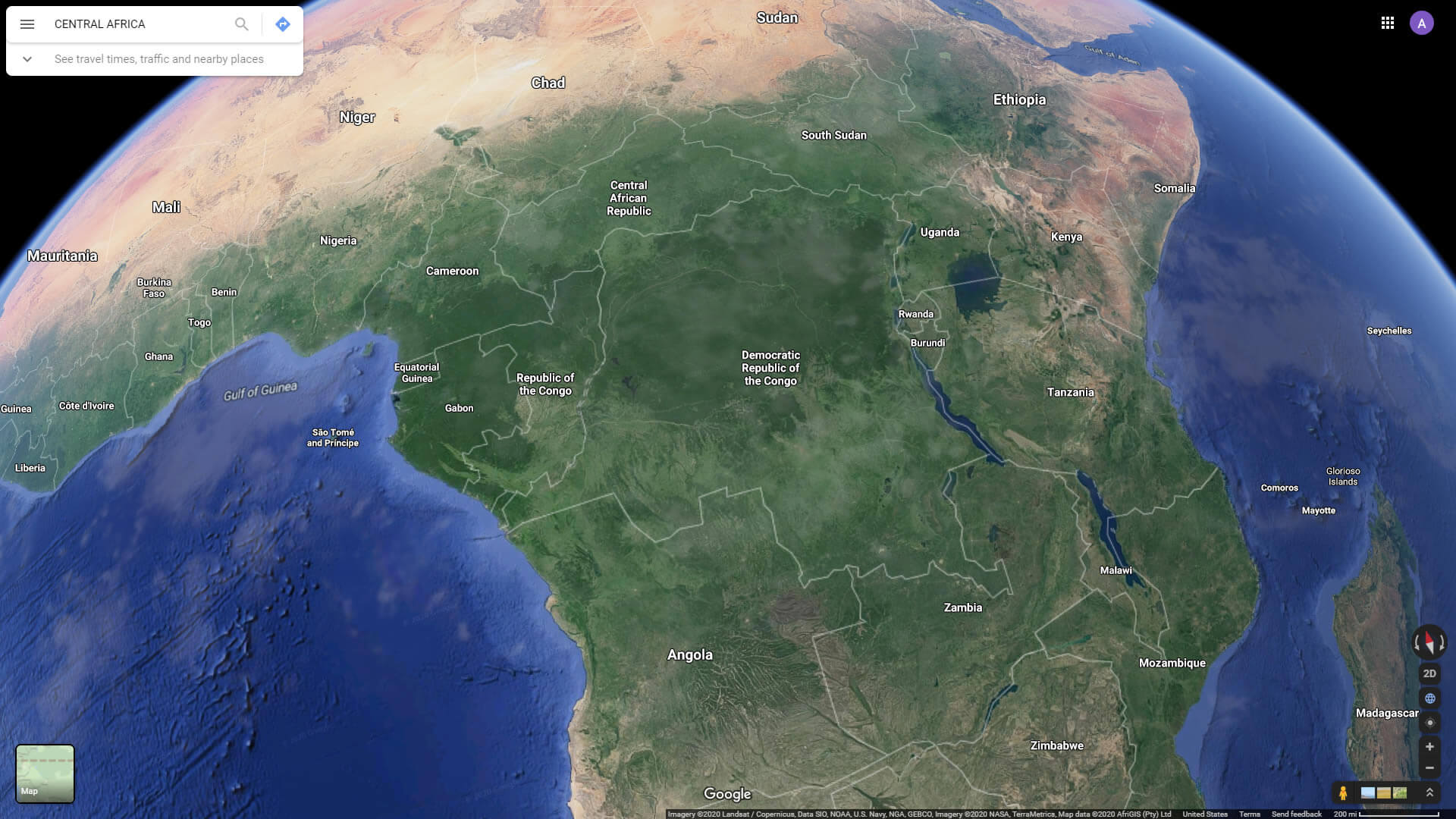 Vue satellite de l'Afrique centrale avec les pays